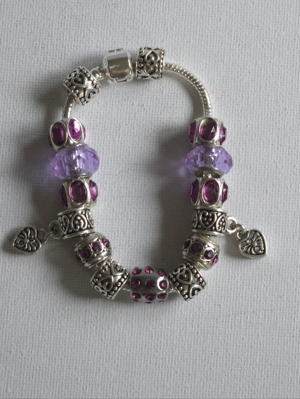 925 Sterling Silver European Snake Chain Charm Bracelet Pink Crystal Heart